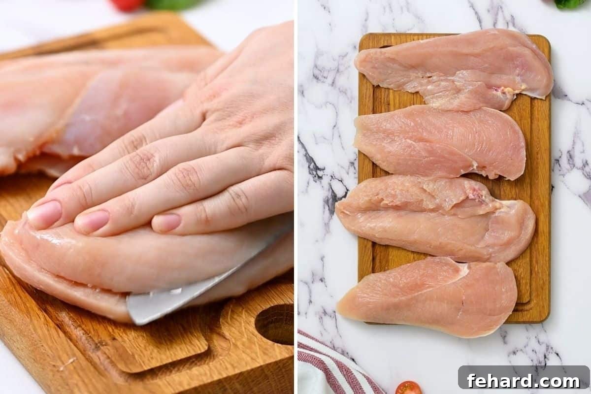 Side by side photo showing how to cut chicken breast into thin cutlets and pound them flat.