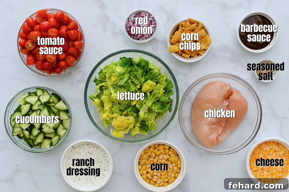 Individual ingredients for BBQ Chicken Salad laid out on a kitchen counter: chicken breasts, lettuce, corn, tomatoes, red onion, cucumber, cheese, tortilla chips, ranch dressing, and BBQ sauce.