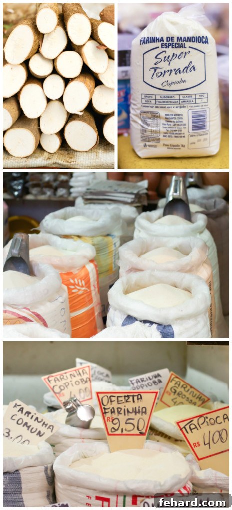A photo collage of casava roots and bags of cassava flour at the farmers' market in Brazil. 