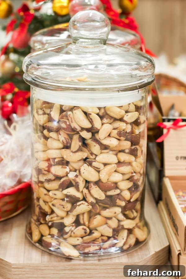 A large glass jar full of fresh Brazil nuts. 