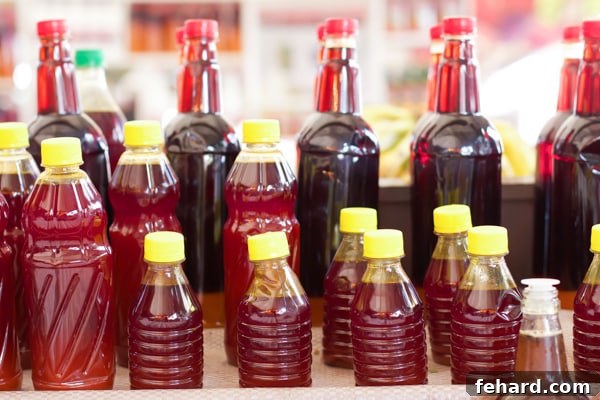 Amber colored palm oil in bottles of varying sizes with red and yellow bottle tops. 