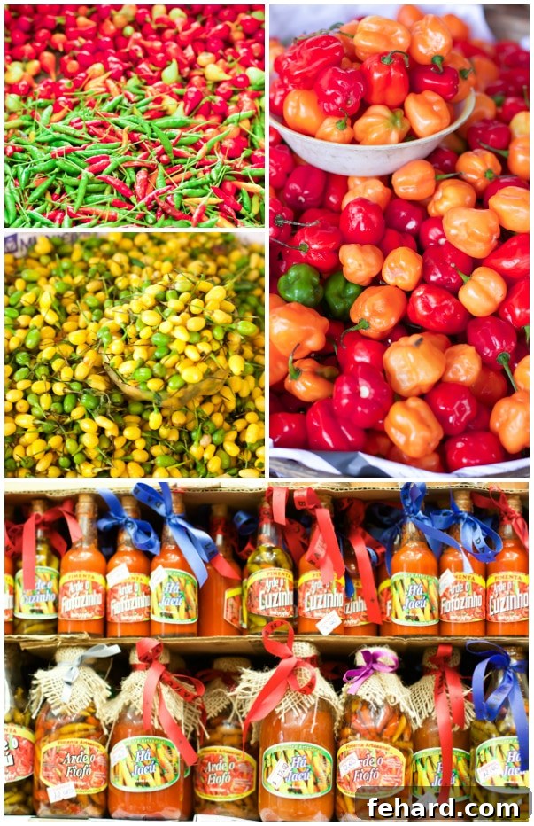 A photo collage of different kinds of red, orange, yellow, and green peppers and bottles of hot sauce. 