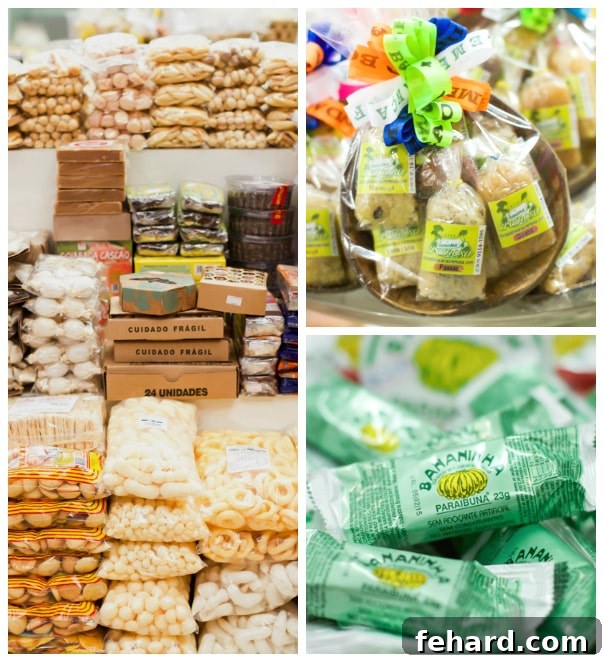 A photo collage of packaged snacks, nuts, and cookies at the farmers' market in Brazil. 