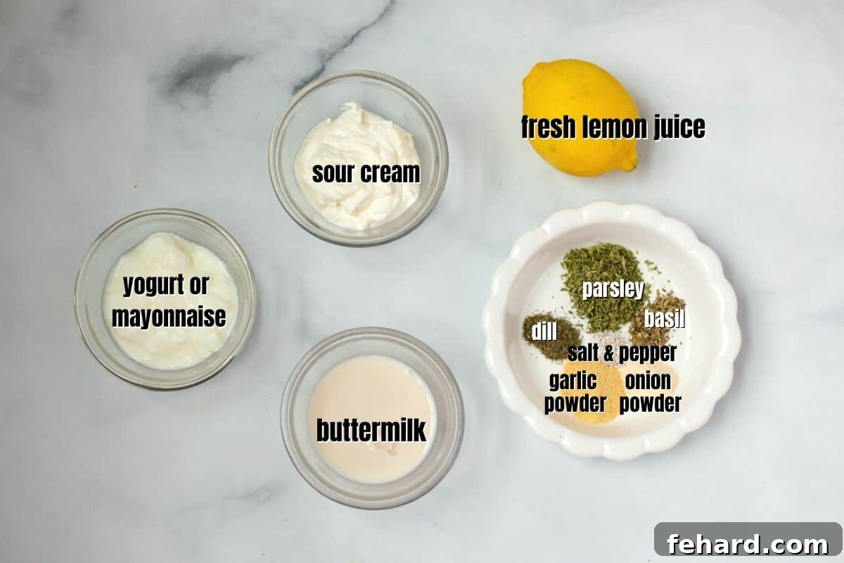 Recipe for Ranch Dressing A perfectly arranged display of all the fresh ingredients needed for ranch dressing, labeled on a clean kitchen counter.