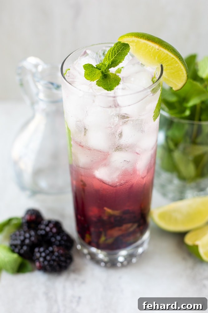 Clear Glass with Blackberry Mojito next to fresh mint and limes.
