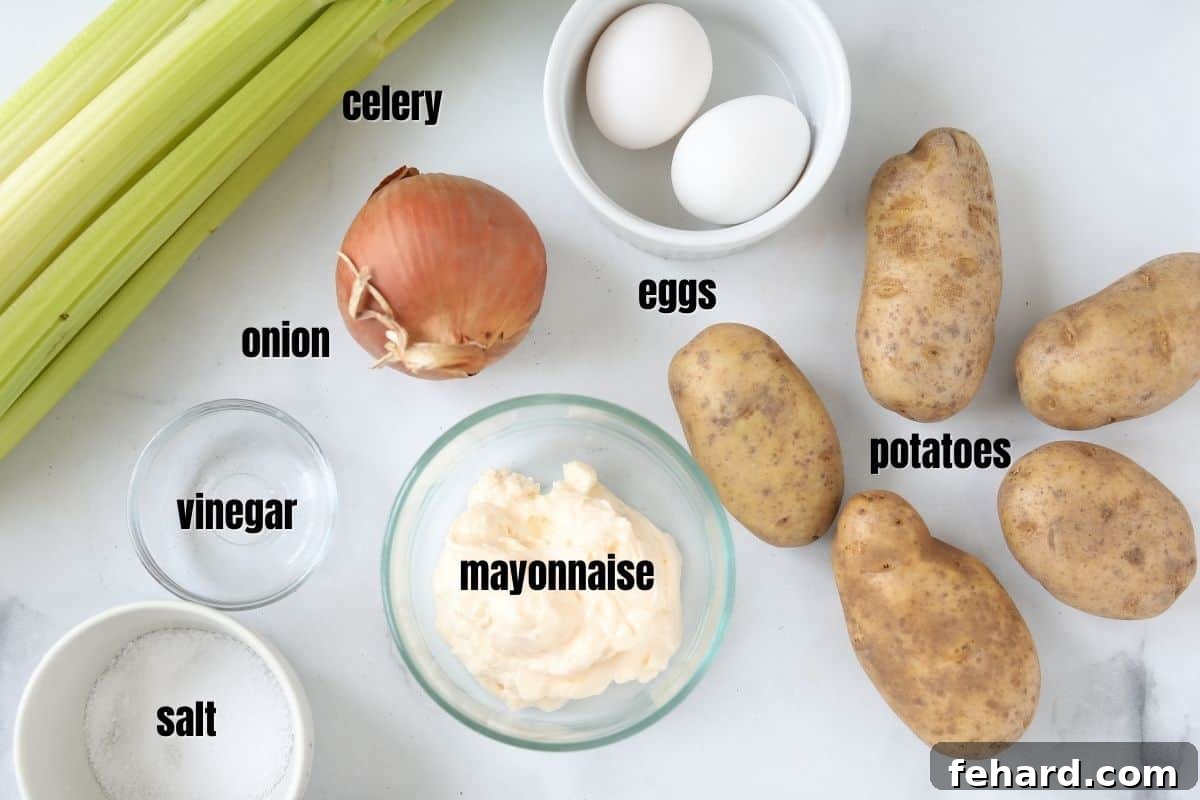 Potato Salad Instant Pot Ingredients Carefully arranged ingredients for Instant Pot Potato Salad laid out on a kitchen counter. Items include whole russet potatoes, fresh eggs, a jar of mayonnaise, a bottle of vinegar, and piles of diced celery and onion, all ready for preparation.