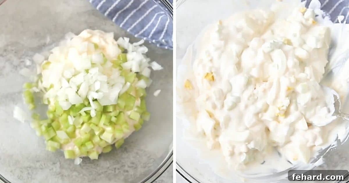 Instapot Potato Salad Dressing Prep A visual comparison demonstrating the creamy consistency of the potato salad dressing before and after all ingredients are combined, showcasing a smooth and inviting texture.