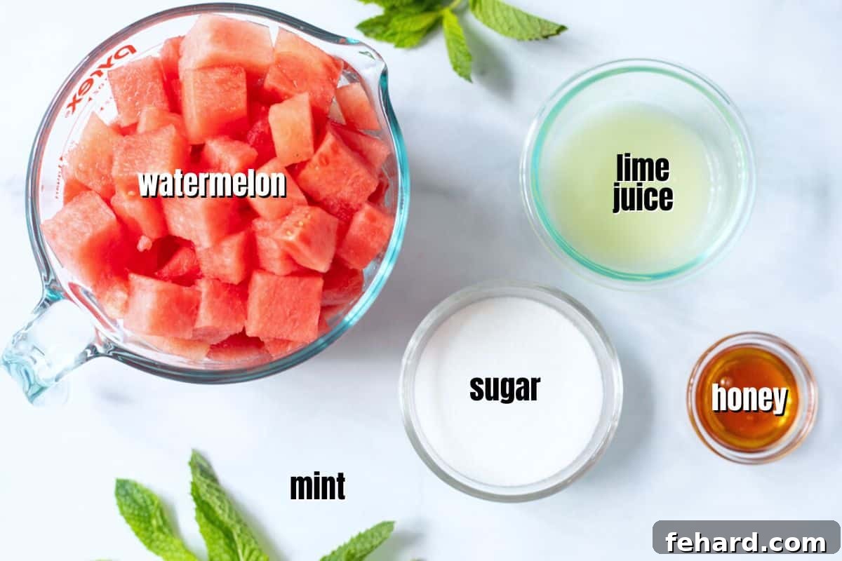 Labeled ingredients for homemade watermelon granita including fresh watermelon, limes, honey, and mint leaves on a kitchen counter.