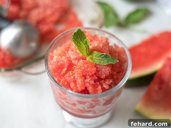 Watermelon Granita served in an elegant glass bowl, garnished with a fresh mint sprig, with whole watermelon slices in the background.