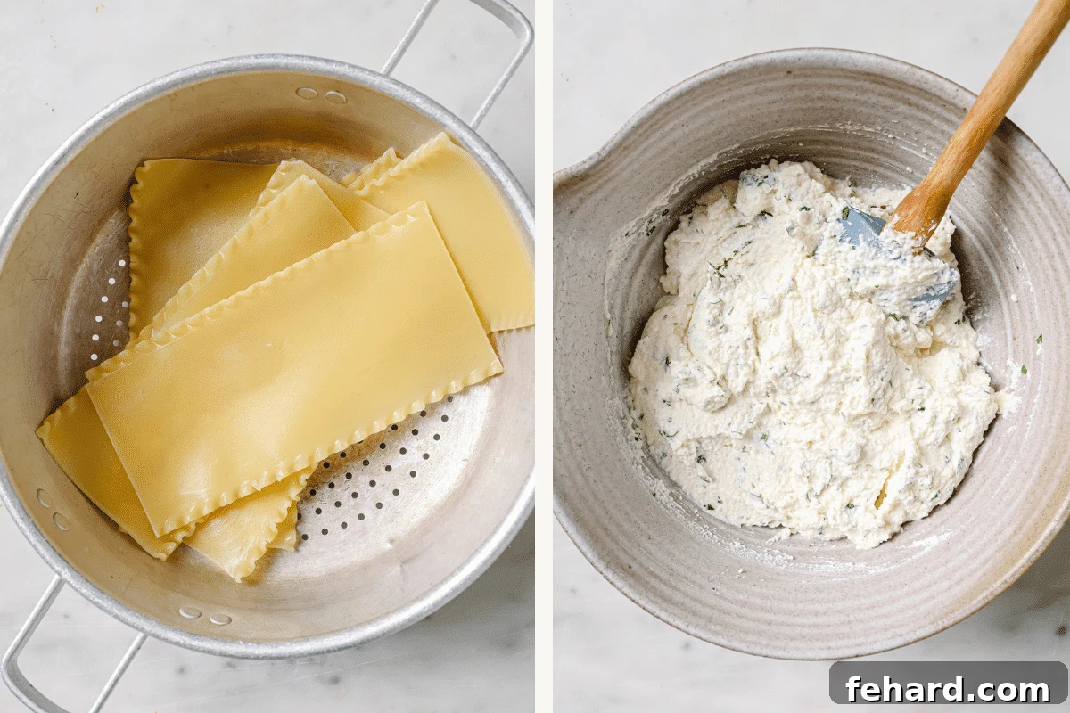 Left: lasagna noodles in a colander. Right: cheese mixture in a bowl. 