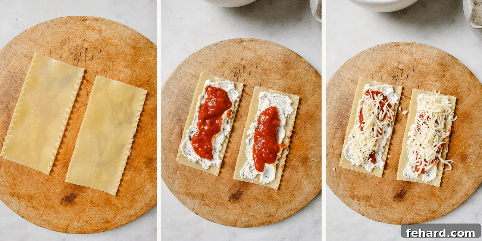 Left: two lasagna noodles laid flat. Center: cheese and sauce added. Right: mozzarella added. 