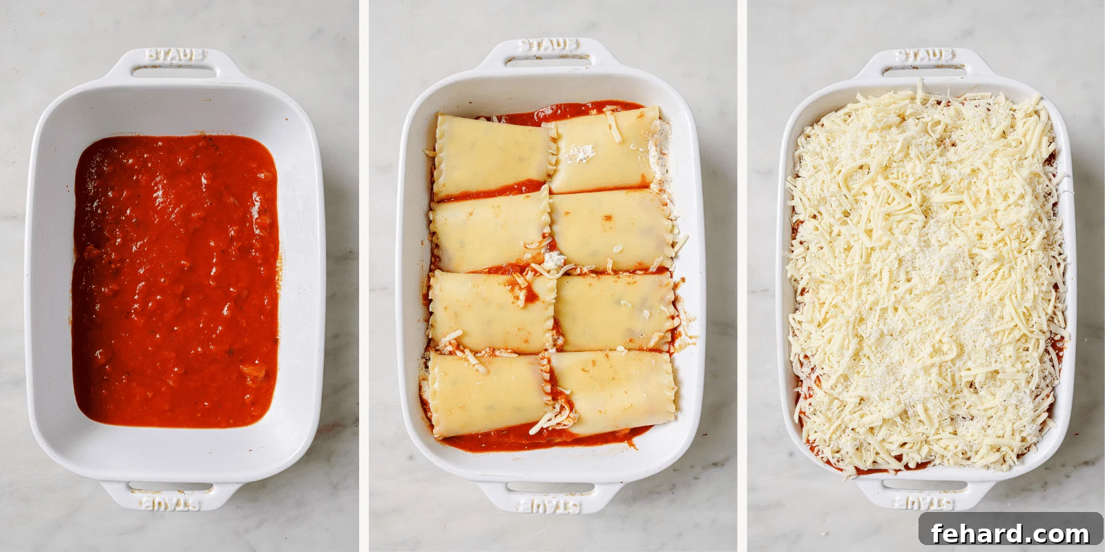 Left: baking dish with sauce only. Center: lasagna rolls added. Right: mozzarella sprinkled on top. 