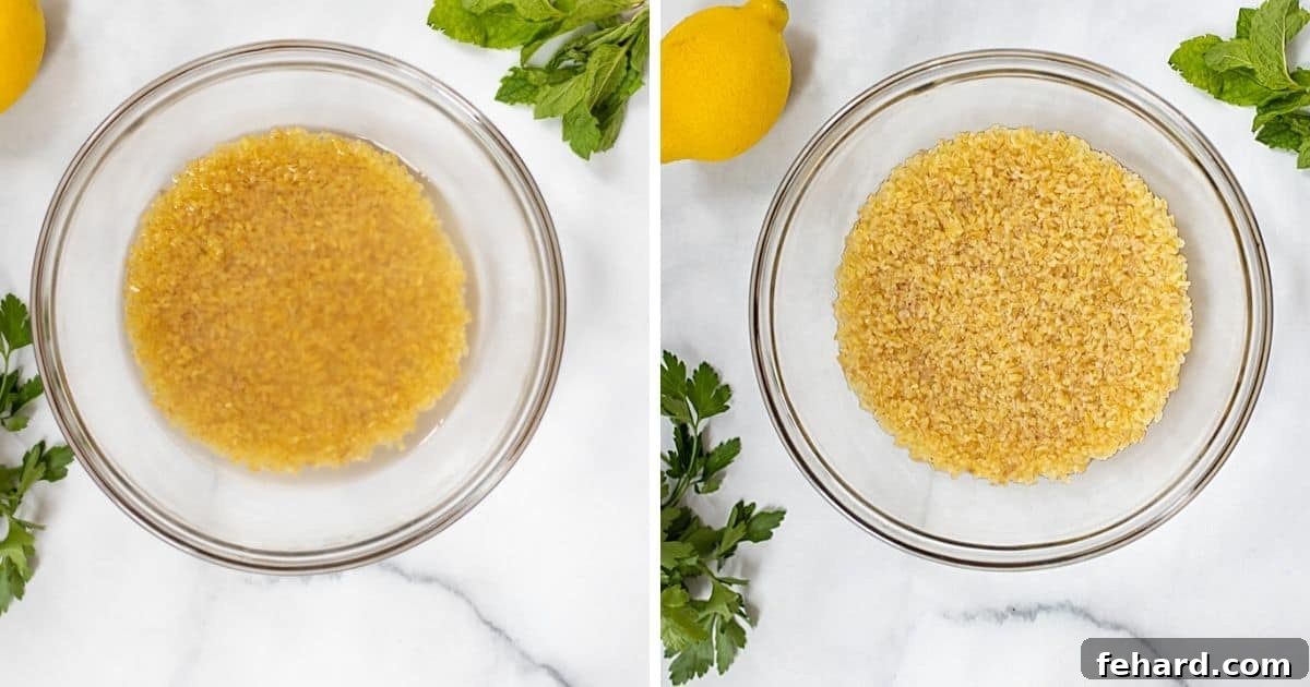 Side by side bowl with soaked and unsoaked bulgur wheat.