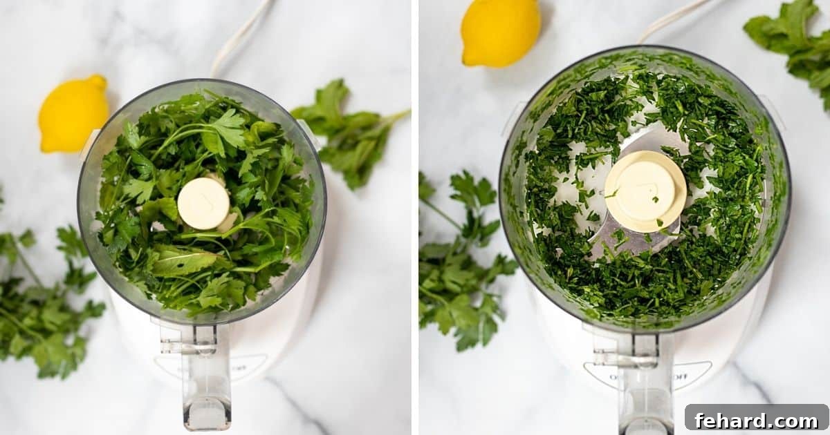 Mint and parsely in food processor before and being processed.