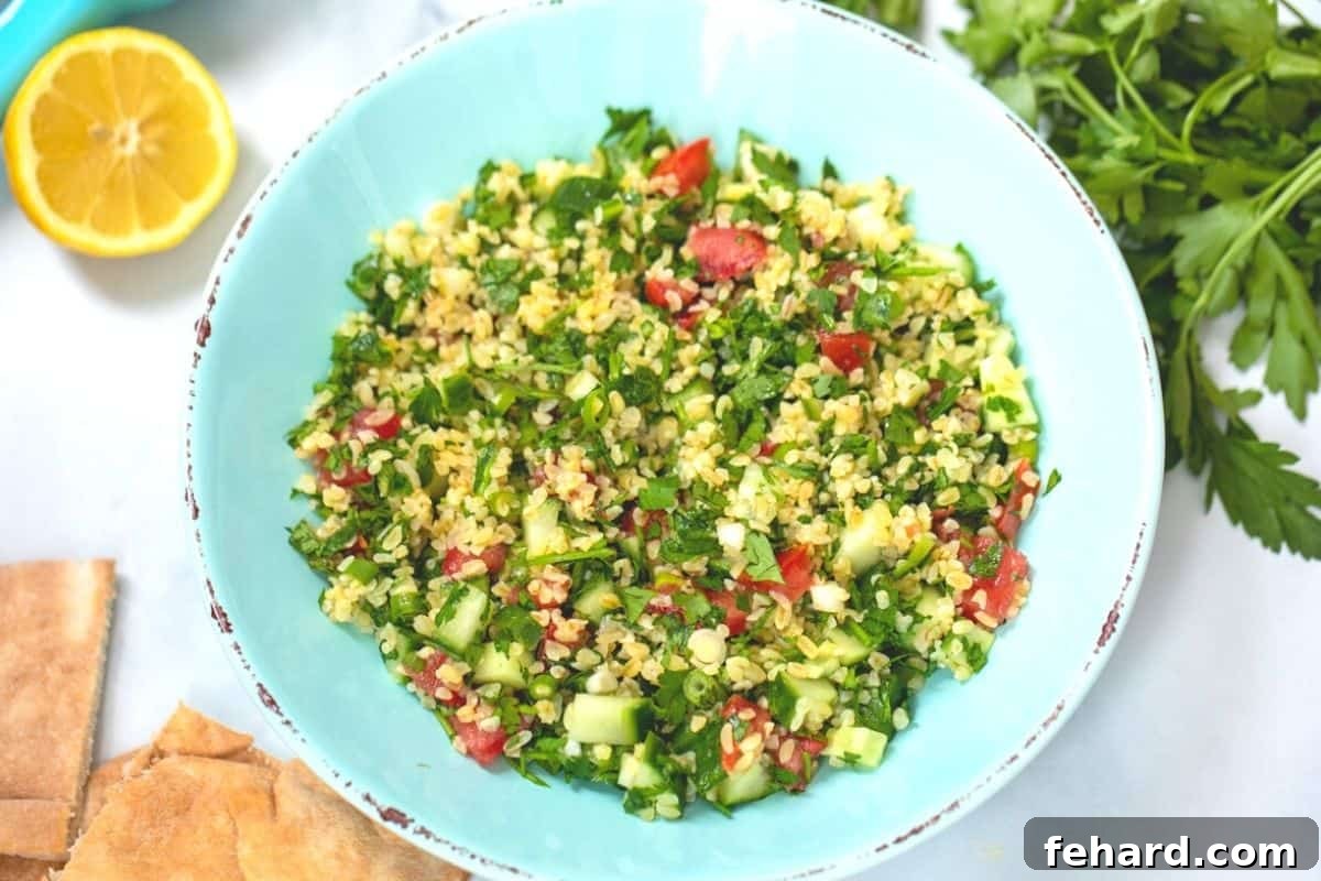 Tabbouleh in blue serving bowl.