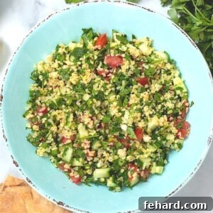 Tabbouleh in blue serving bowl.