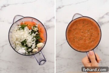 Speedy Blender Salsa 13 Side-by-side photo illustrating ingredients in a blender before and after blending for restaurant-style salsa.