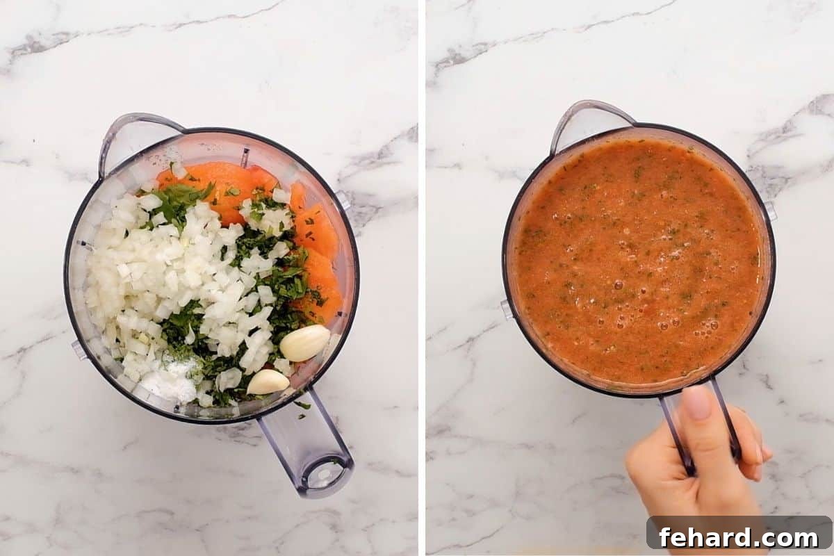 Speedy Blender Salsa 7 Side-by-side comparison showing raw ingredients in a blender versus perfectly blended restaurant-style salsa.