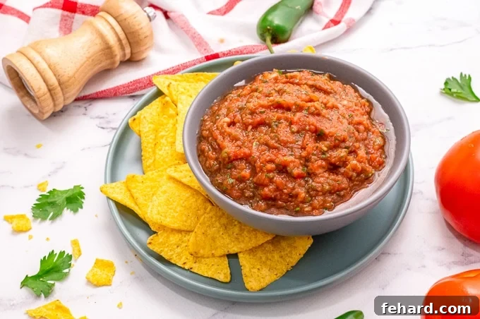 Speedy Blender Salsa 9 Blender salsa in a gray bowl with tortilla chips, fresh tomatoes, and jalapeno in the background, showcasing its vibrant freshness.