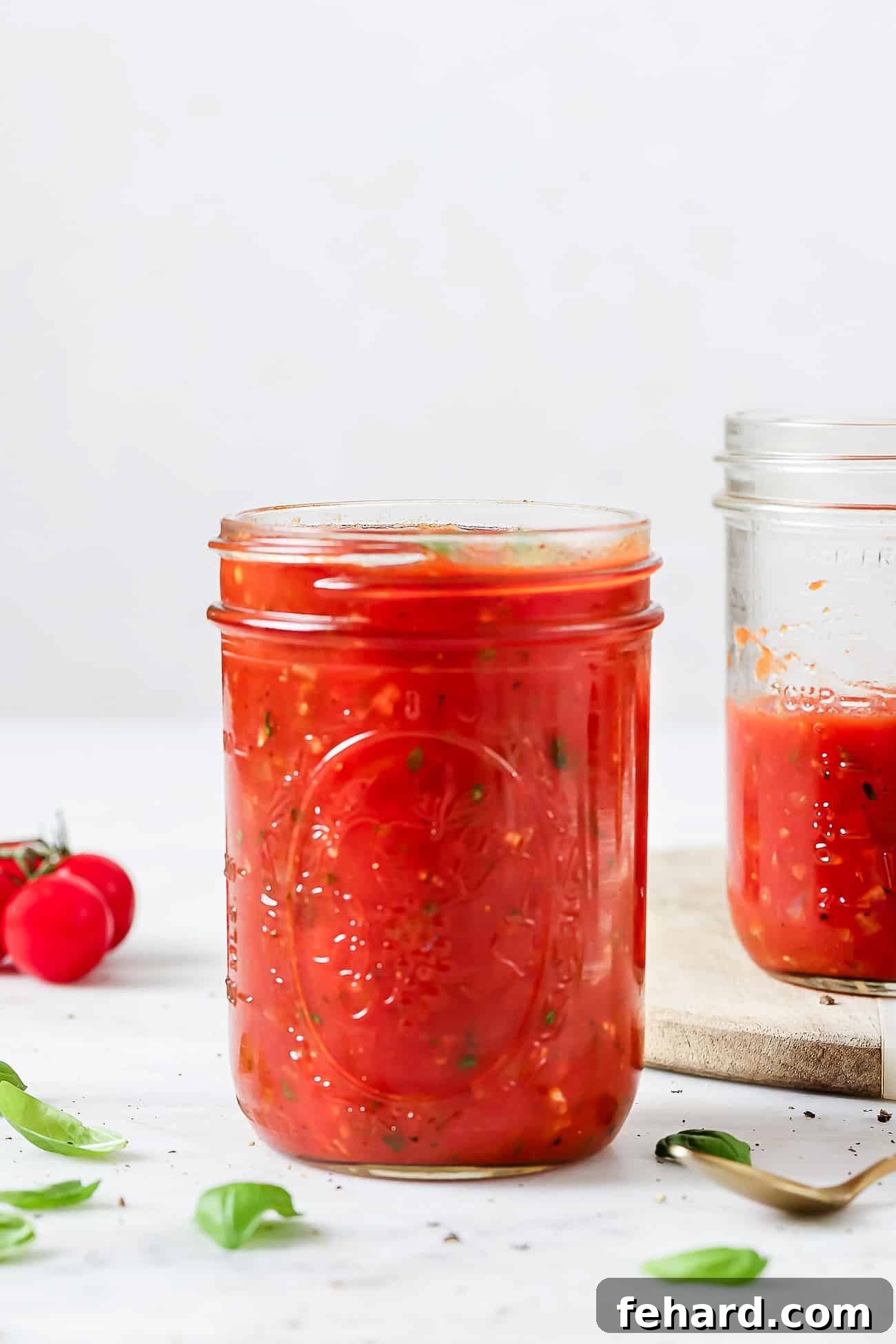 The Secret to Perfect Homemade Tomato Sauce 10 A mason jar filled with vibrant homemade tomato sauce sits on a surface, highlighting its appetizing texture and readiness for use.