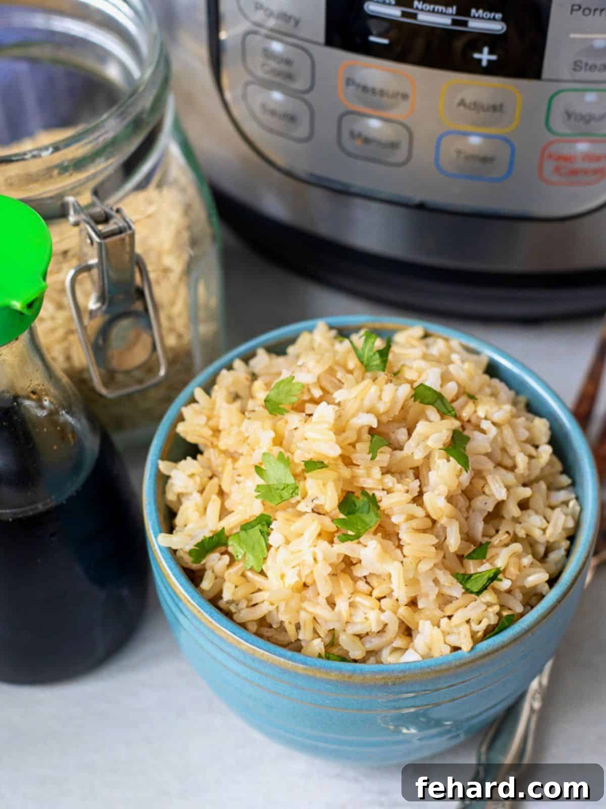 Bowl of perfectly cooked brown rice next to an Instant Pot, showcasing its fluffy texture.