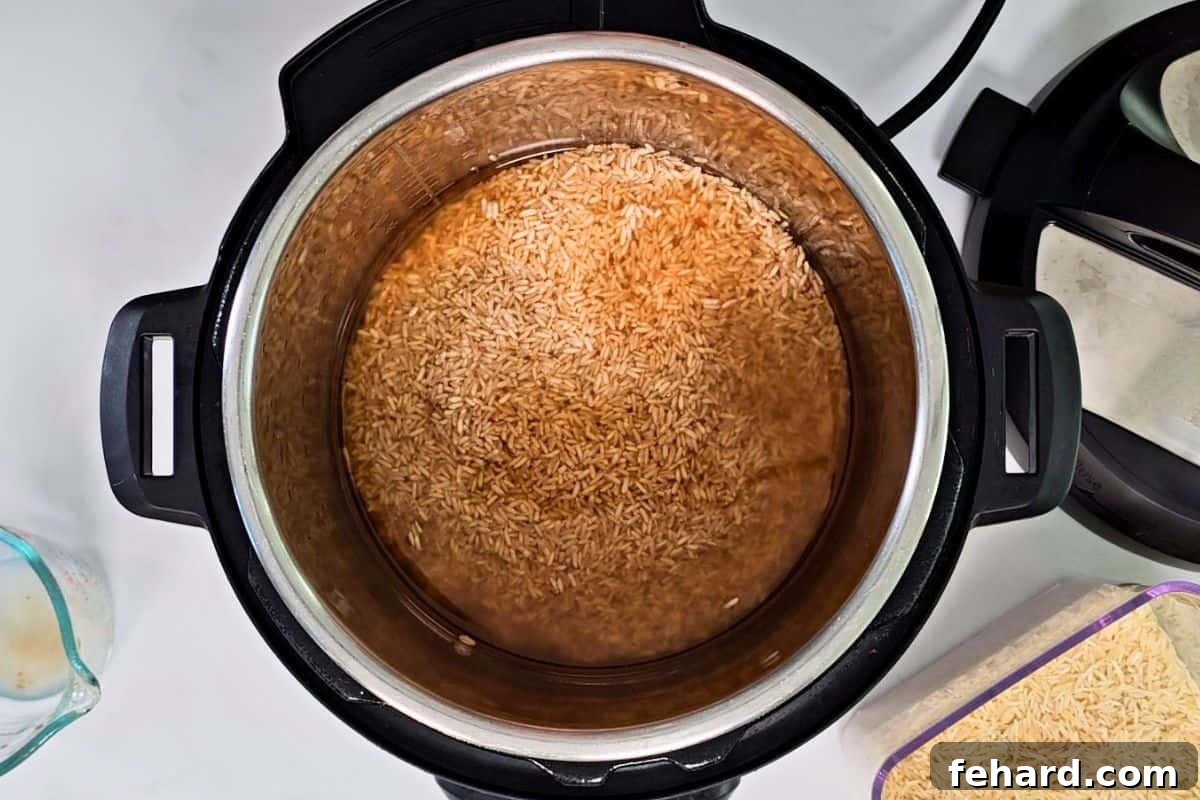 Brown rice submerged in stock inside the inner pot of an Instant Pot before pressure cooking.