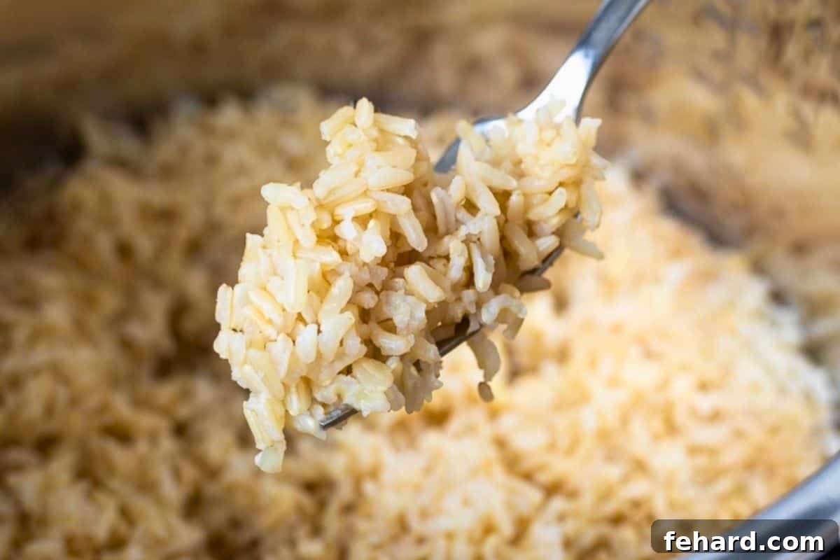 Fork with fluffed Instant Pot Brown rice showing it perfectly cooked and intact, ready to serve.