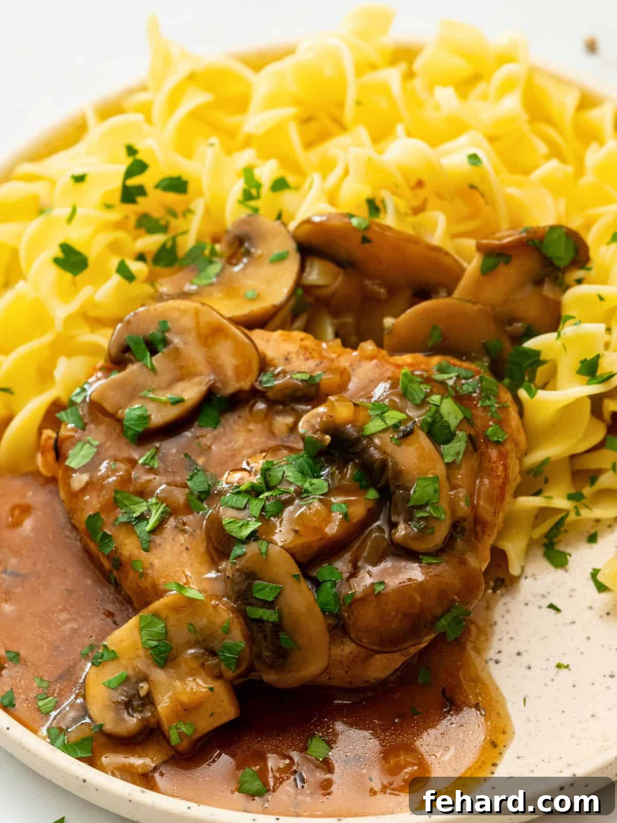Instant Pot Pork Chop served with egg noodles and rich mushroom gravy, highlighting its tenderness.