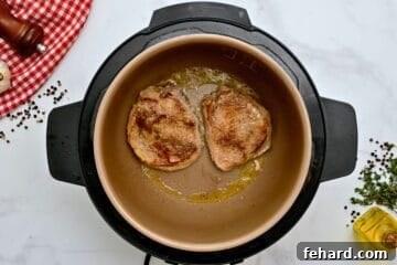 Two seasoned pork chops inside inner pot after being seared.