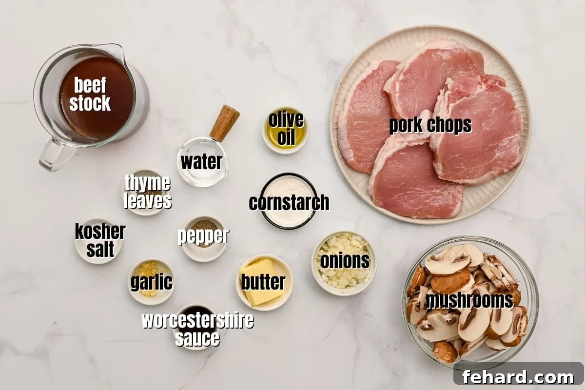 Ingredients for Instant Pot Pork Chops with mushroom gravy laid out on a kitchen counter.
