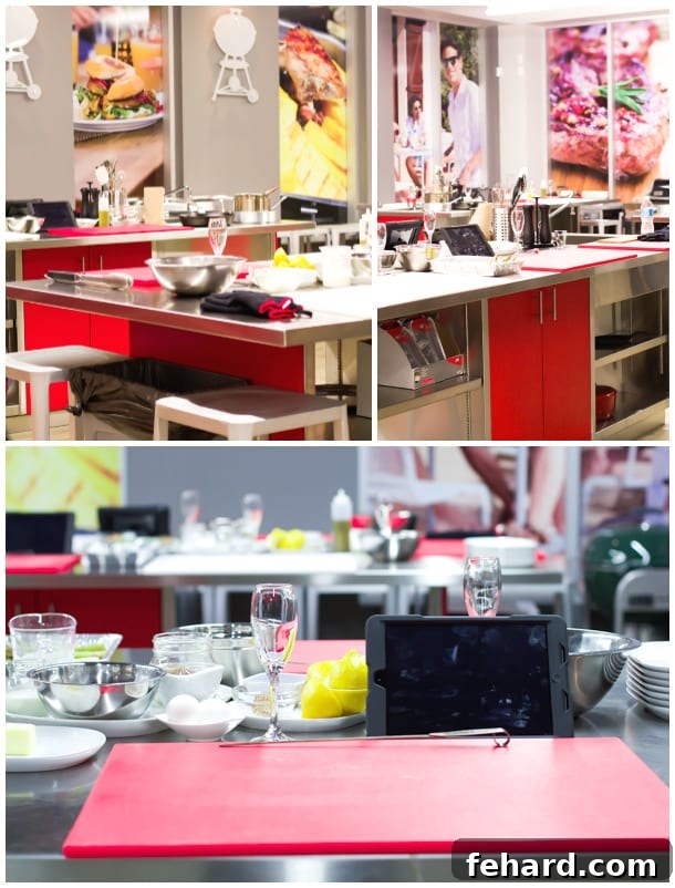 A collage of three vibrant photos offering an inside look at the modern and inviting learning environment of the Weber Grill Academy.