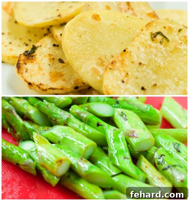 Top: Elegant potato napoleons, meticulously stacked and delicately drizzled with a vibrant tarragon vinaigrette. Bottom: Perfectly grilled asparagus pieces, crisp-tender and beautifully charred.