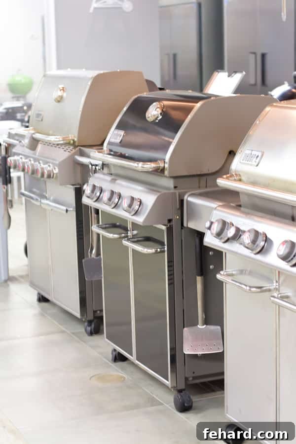 A captivating close-up of three sleek silver Weber grills aligned perfectly, showcasing their sophisticated design and readiness for another session of expert grilling.