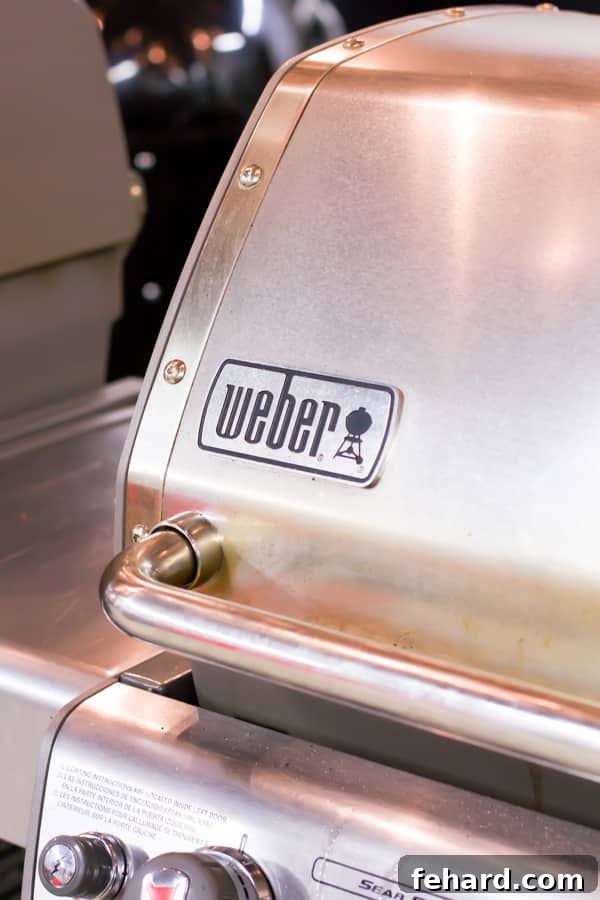 A striking close-up shot of the iconic Weber logo proudly displayed on a gleaming silver grill hood, symbolizing unparalleled quality, innovative design, and a legacy of grilling excellence.