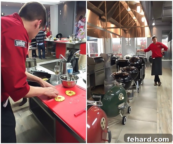 Left: A skilled chef meticulously arranging vibrant pineapple slices on a bright red cutting board. Right: The chef standing confidently by a row of grills, ready to impart his grilling wisdom.