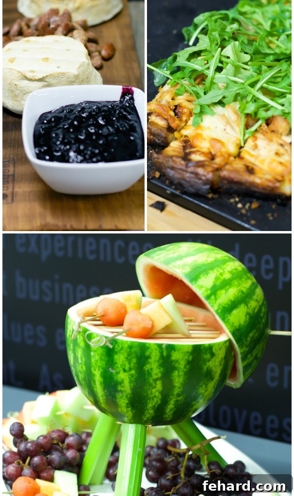 A captivating photo collage featuring three beautifully presented appetizers: creamy brie with a sweet blueberry sauce, a vibrant arugula pizza, and a whimsical watermelon fruit bowl cleverly shaped like a miniature grill.