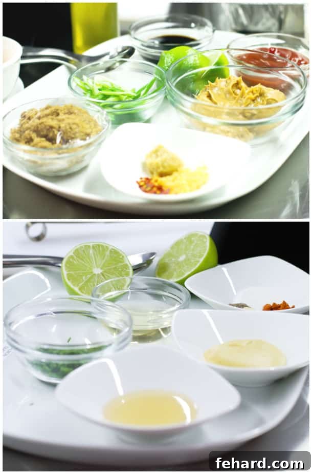 A compelling collage of two images showcasing small, precisely measured bowls of ingredients neatly arranged on elegant white serving plates, all perfectly ready for the cooking process.