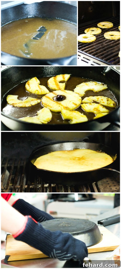 A comprehensive photo collage illustrating the meticulous step-by-step process of crafting a grilled pineapple upside-down cake, from initial preparation to the final, elegant presentation.