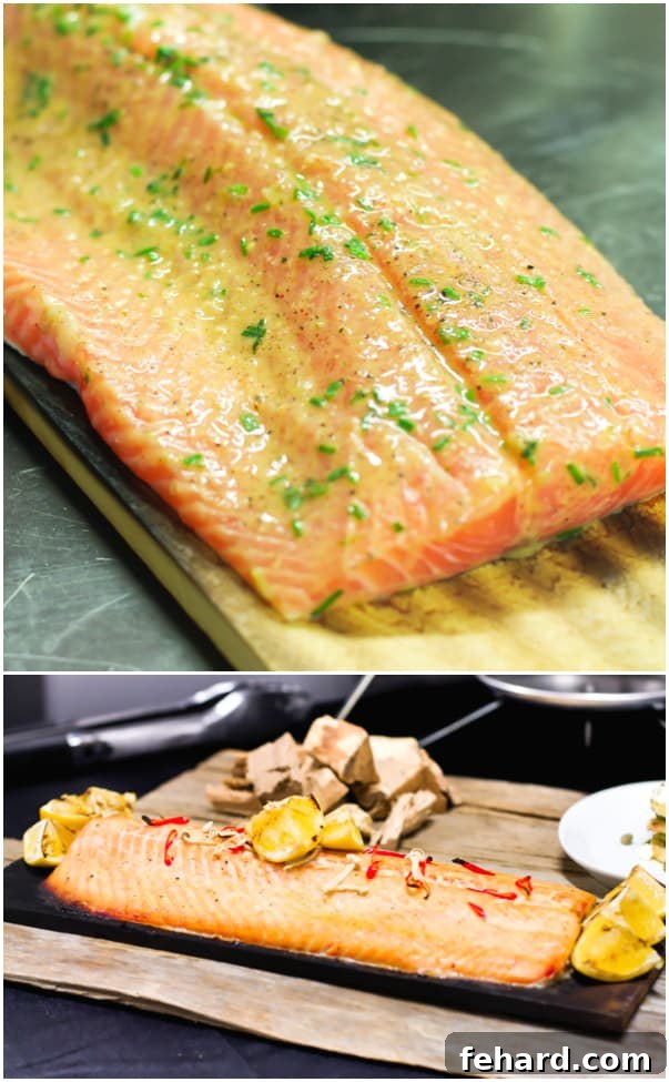 A stunning collage of two mouth-watering images showcasing succulent cedar-planked salmon, exquisitely garnished with fresh lemon wedges, emphasizing its juicy perfection.