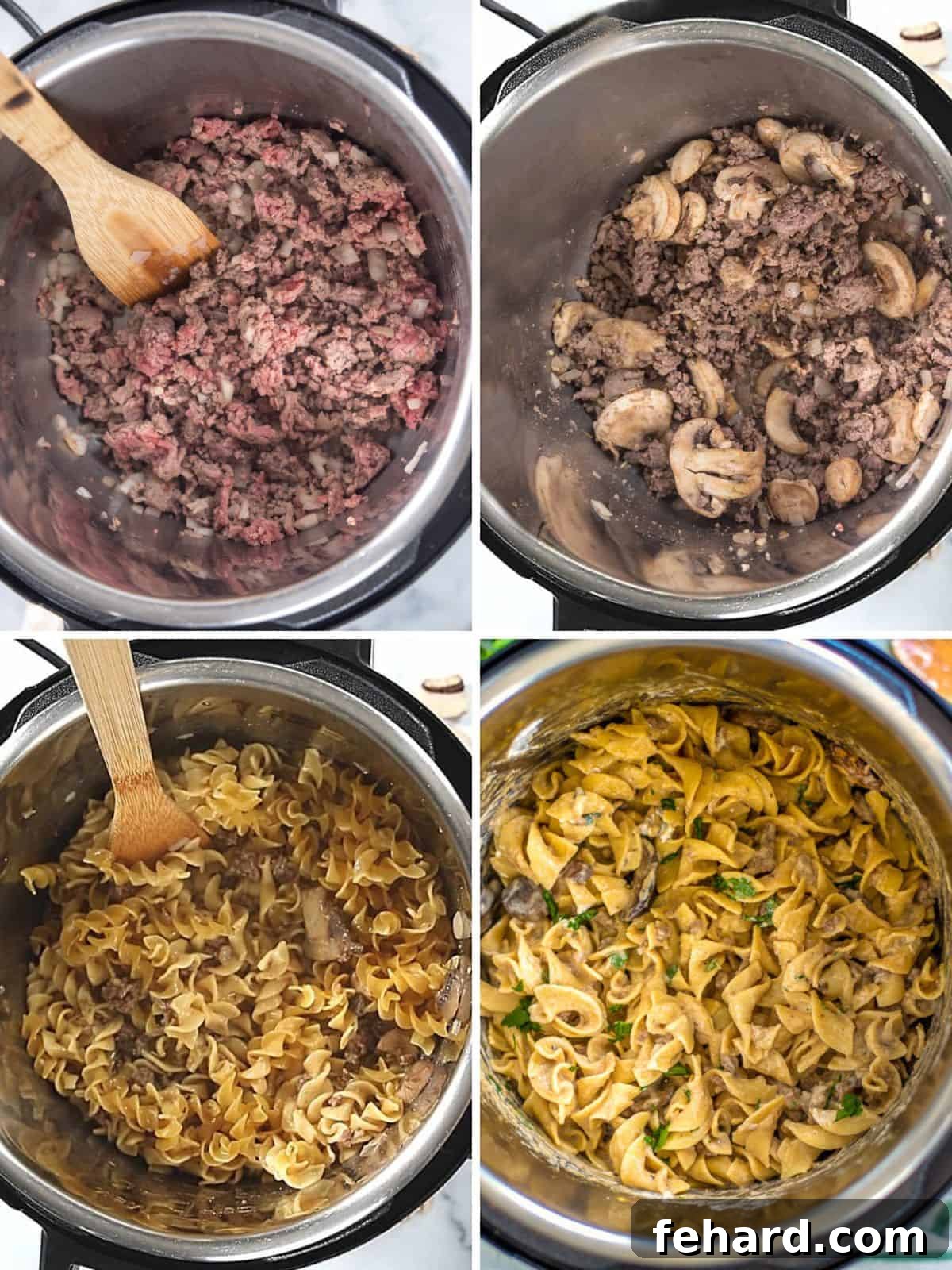 Easy Instant Pot Stroganoff Recipe Step-by-step collage demonstrating the preparation of ground beef stroganoff in an Instant Pot, from browning the meat to the finished creamy dish.