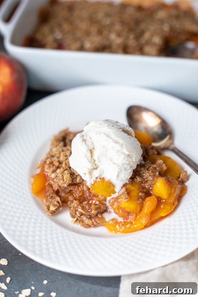 Homemade Peach Crisp served warm on a white plate, elegantly topped with a generous scoop of creamy vanilla ice cream.