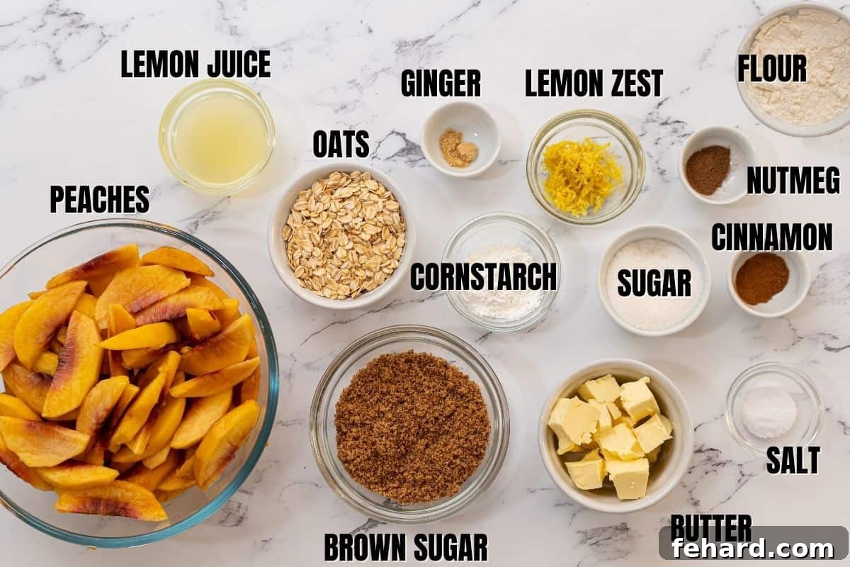 A collection of fresh ingredients neatly arranged on a white kitchen counter, including whole peaches, rolled oats, bags of flour and sugar, a lemon, and small bowls of spices, ready for making peach crisp.