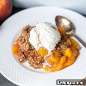 Homemade Peach Crisp served warm on a white plate, elegantly topped with a generous scoop of creamy vanilla ice cream.