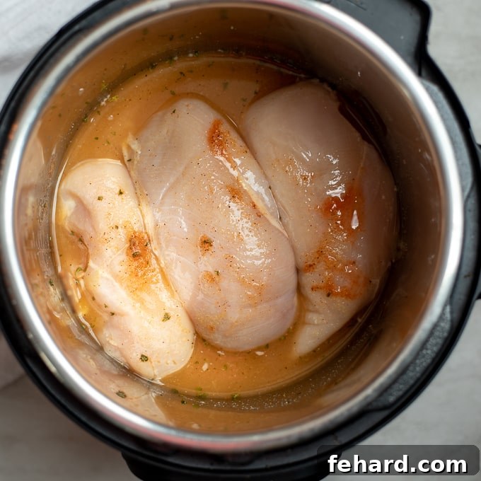 Instant Pot Buffalo Chicken Recipe Raw chicken breasts submerged in buffalo sauce ingredients in an Instant Pot inner pot
