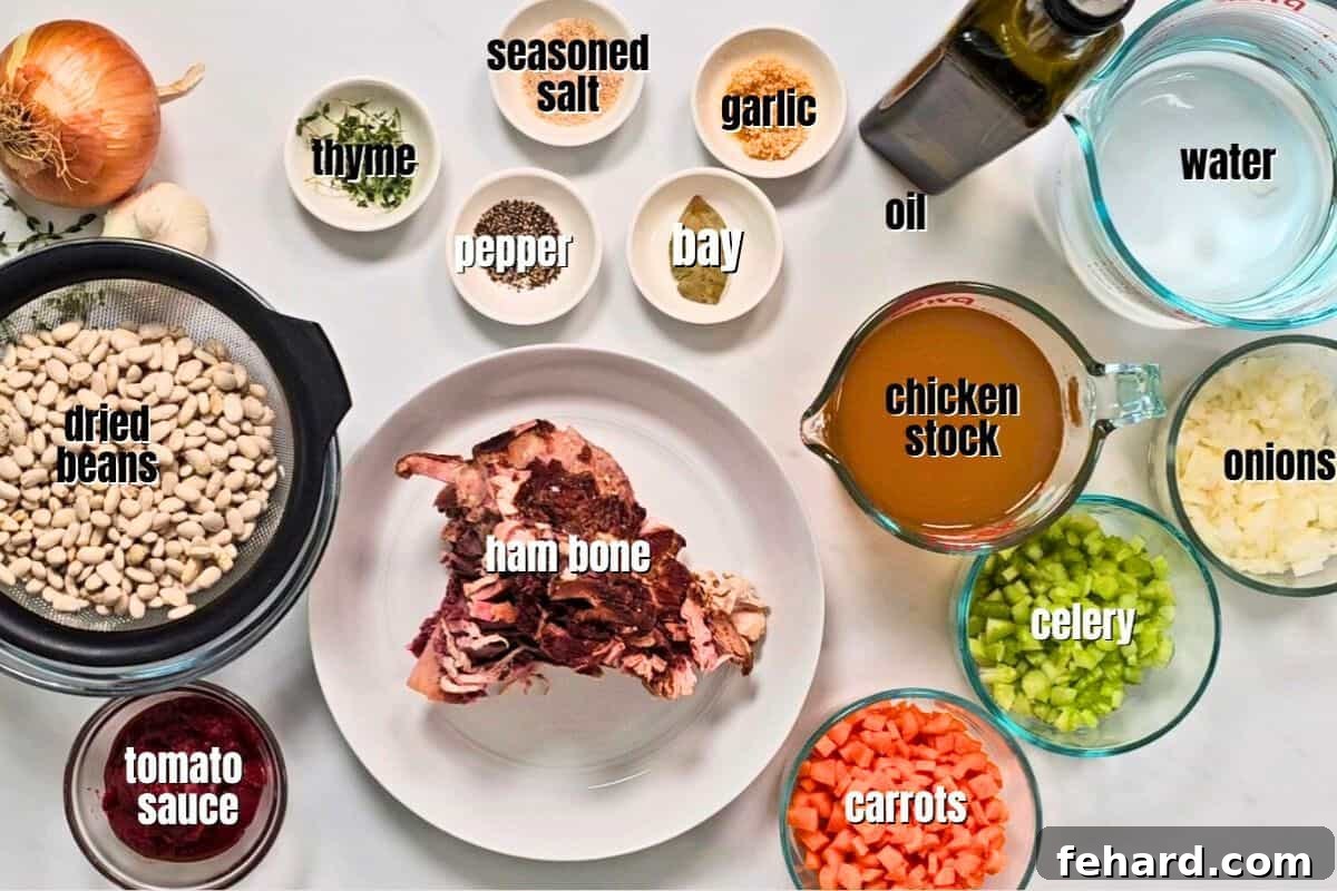 Ingredients for ham and bean soup labeled on counter.