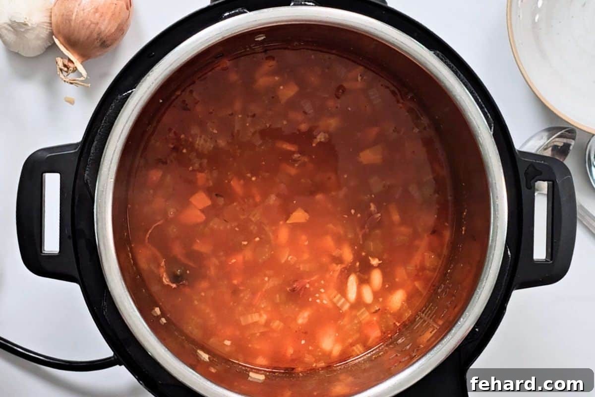 Ham and Bean Soup inside inner pot after being pressure cooked.