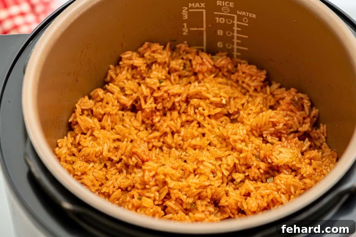 Easy Instant Pot Mexican Rice Fluffed Spanish Rice inside inner pot, ready to be served.