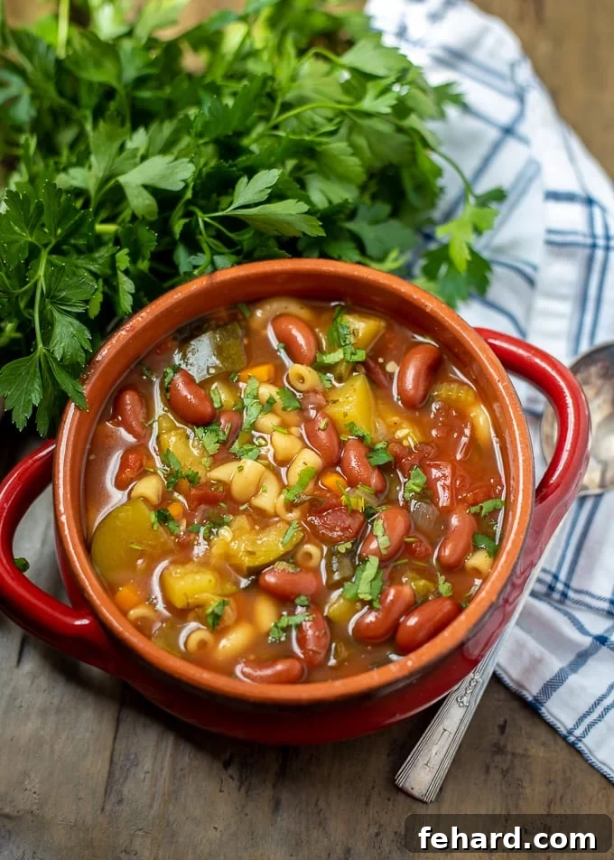 Vibrant red bowl of Instant Pot Minestrone soup garnished with fresh parsley, highlighting its rich color and hearty ingredients.
