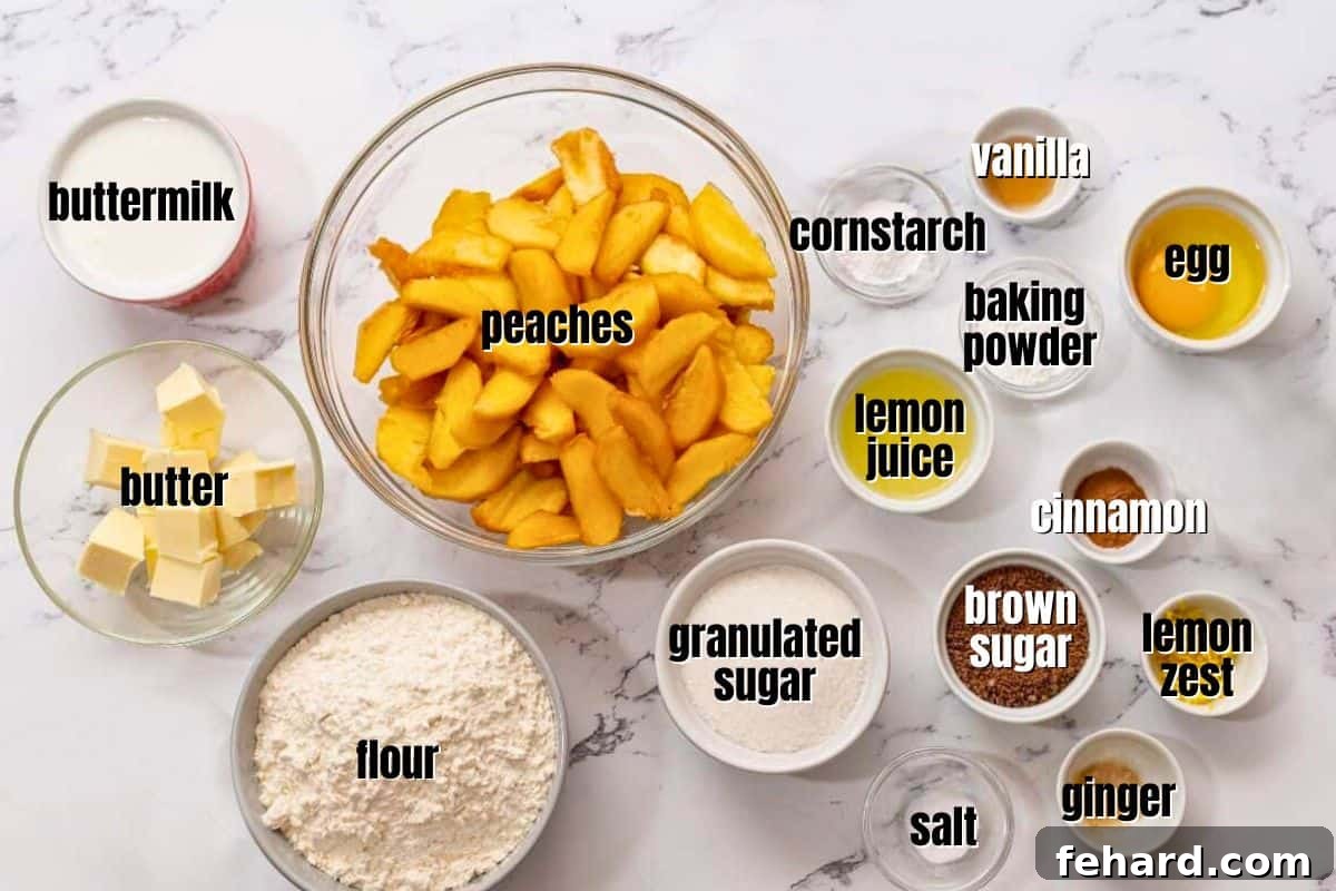 Ingredients for southern peach cobbler on table labeled.