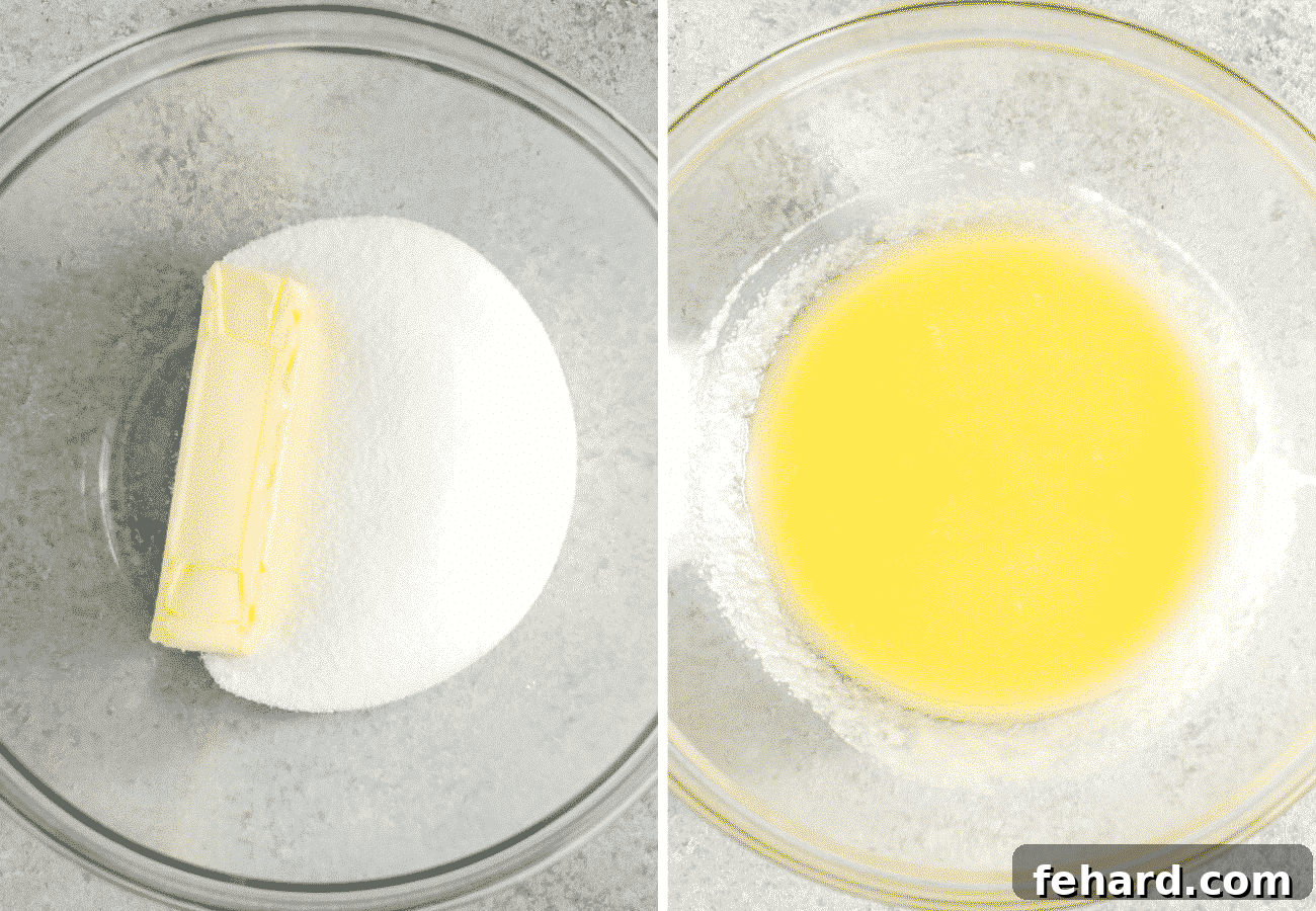 Left: A stick of butter and sugar in a glass bowl. Right: Melted butter blended with sugar in a glass bowl, ready for the next step.